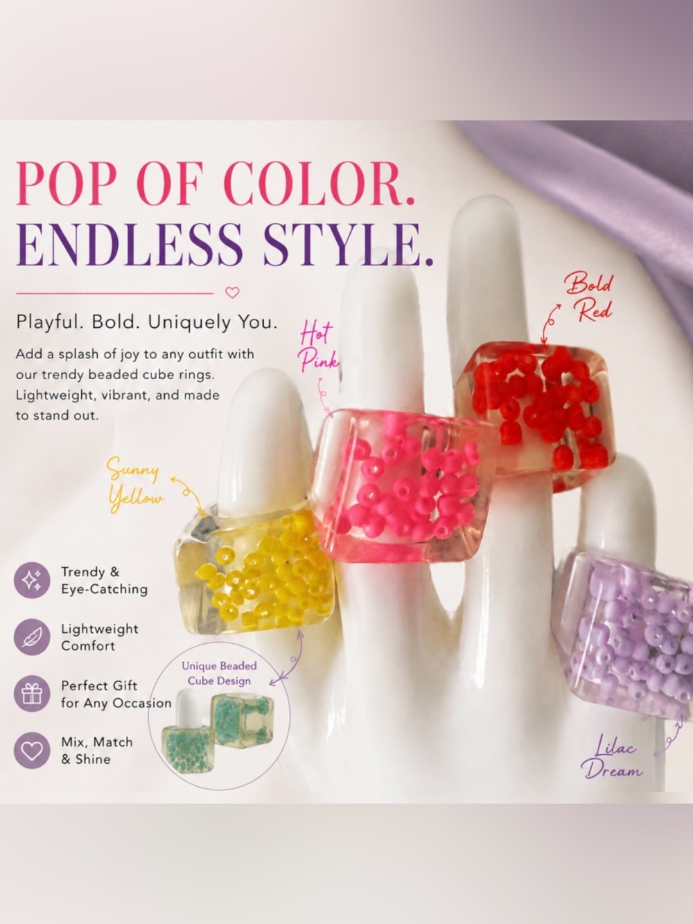Cube Ring - Pink,Yellow, Red, Lavender, mint green